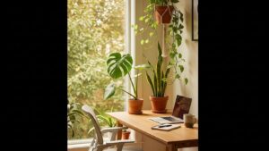 Home office with Monstera and Snake Plant adding greenery to workspace