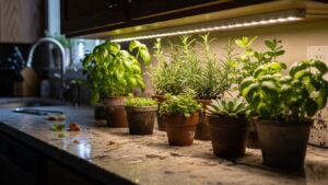 Herb plants under sleek under-cabinet lighting on a kitchen countertop