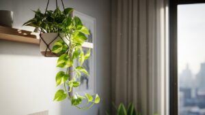 Hanging pothos plant in apartment with natural light