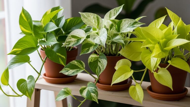 Variety of pothos plants in pots on a wooden shelf