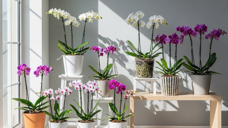 Colorful orchids in various pots showcasing styling options for orchid care.