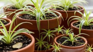 Various pots holding healthy spider plants on a countertop
