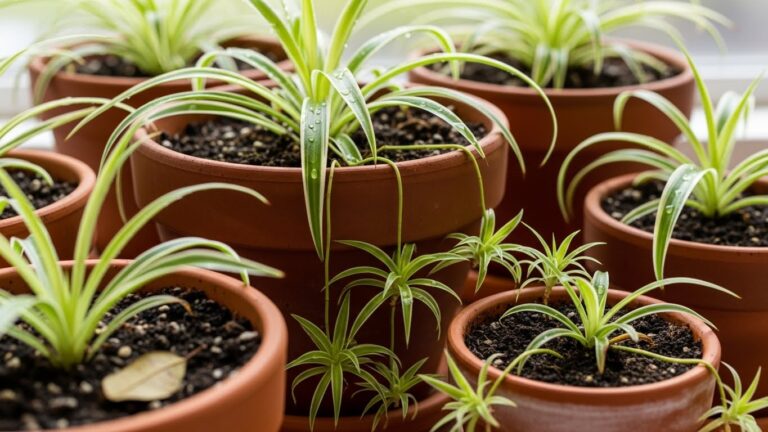 Various pots holding healthy spider plants on a countertop