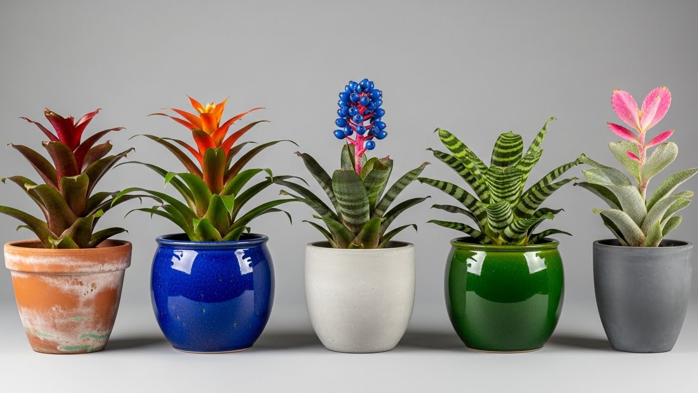 Colorful pots with various indoor bromeliad plants arranged for display