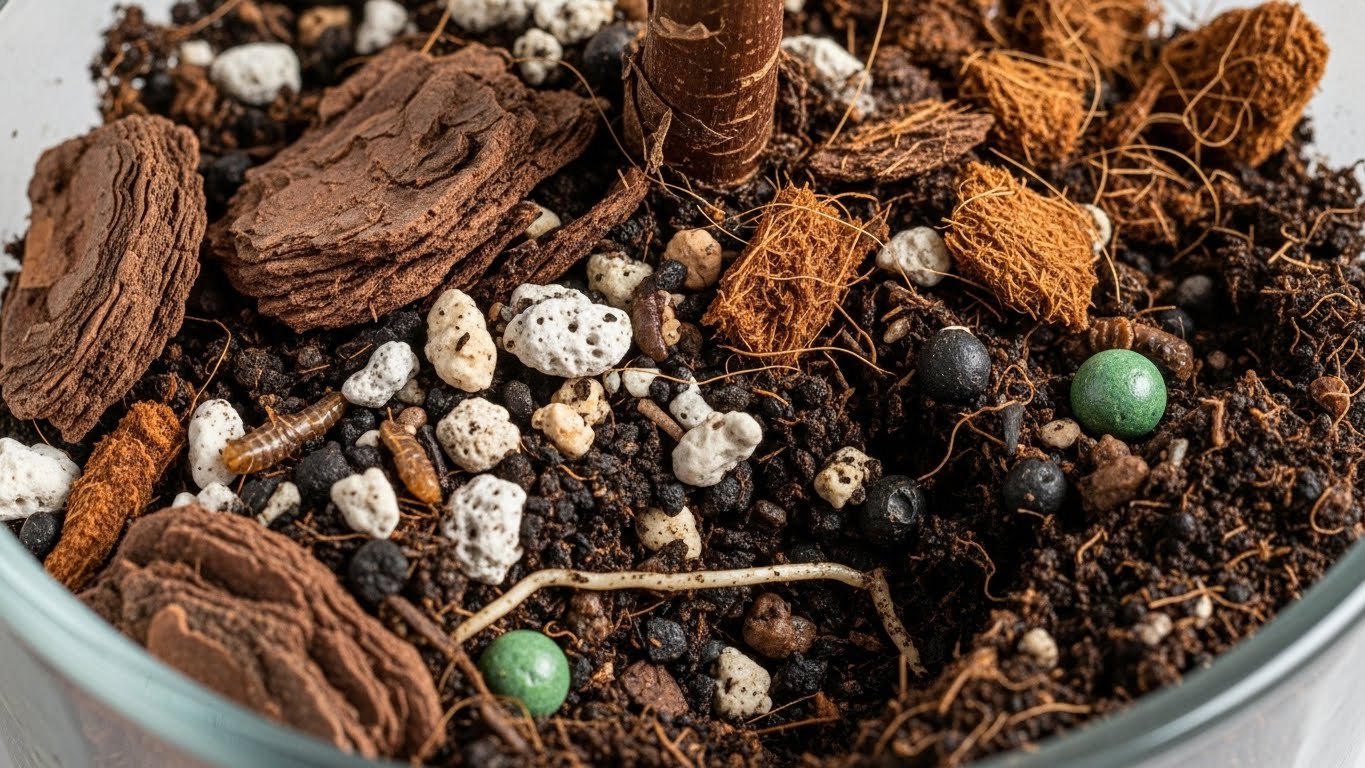 Close-up of potting mix with bark, perlite, and coir for rubber plants