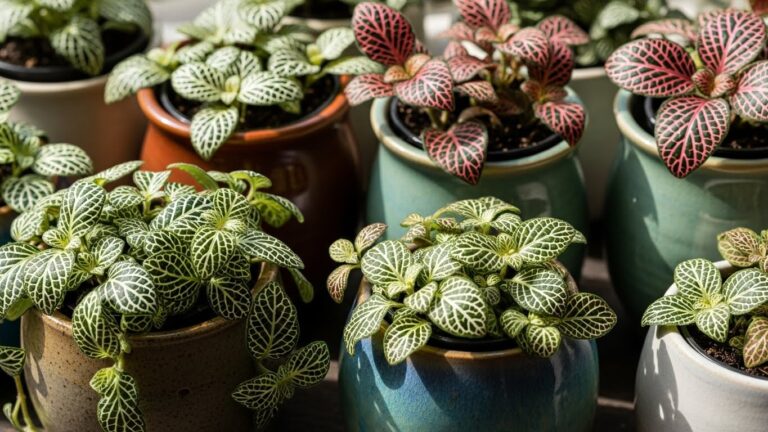 Colorful Fittonia plants in small ceramic planters on display
