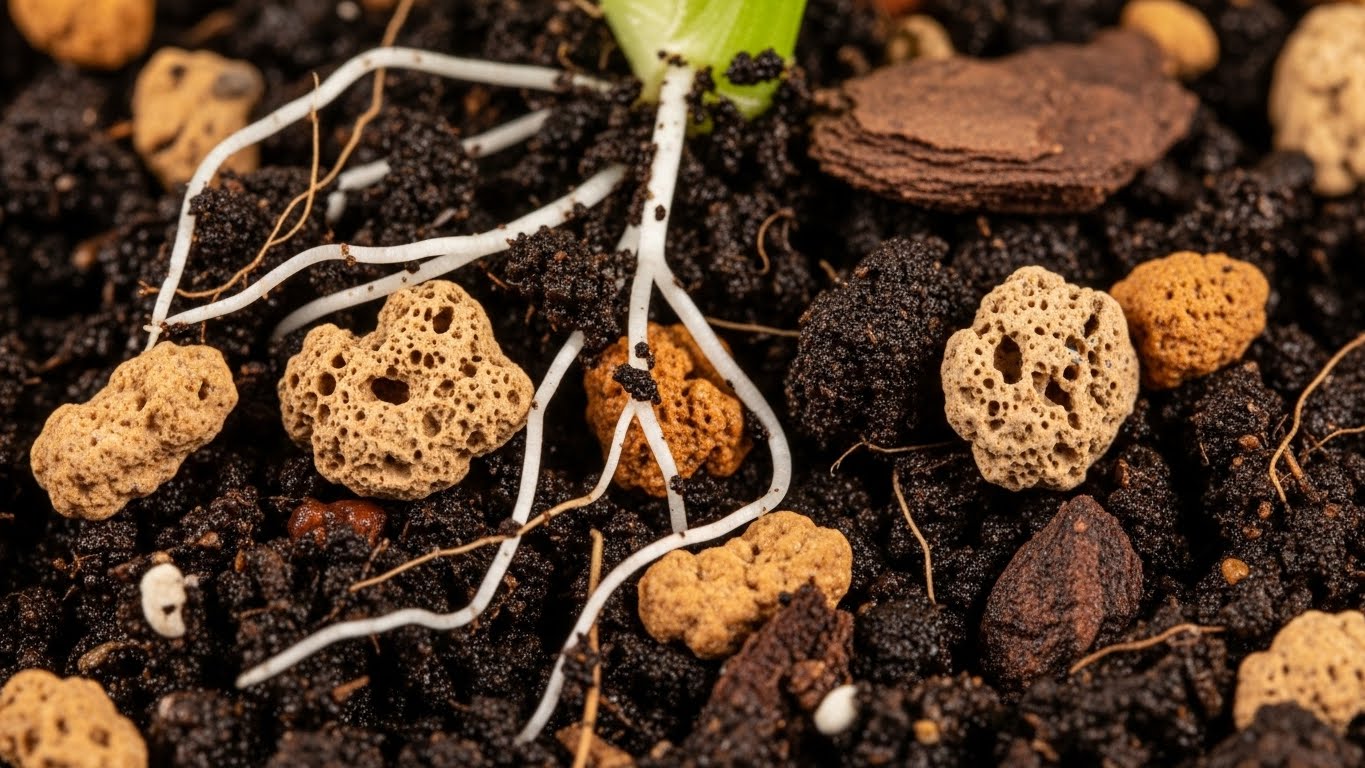 Close-up of healthy pothos roots in optimal soil mix for growth.