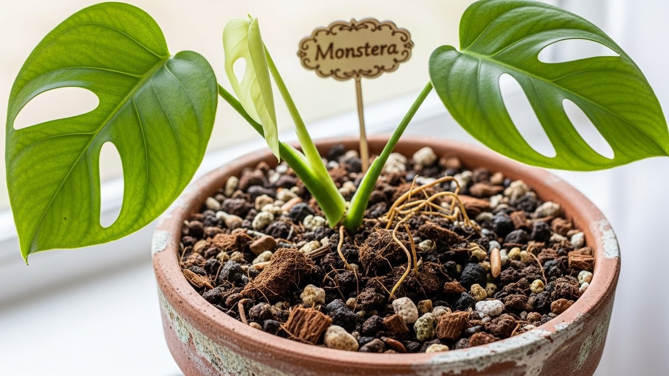 Monstera Deliciosa in optimal soil mix with bark and perlite