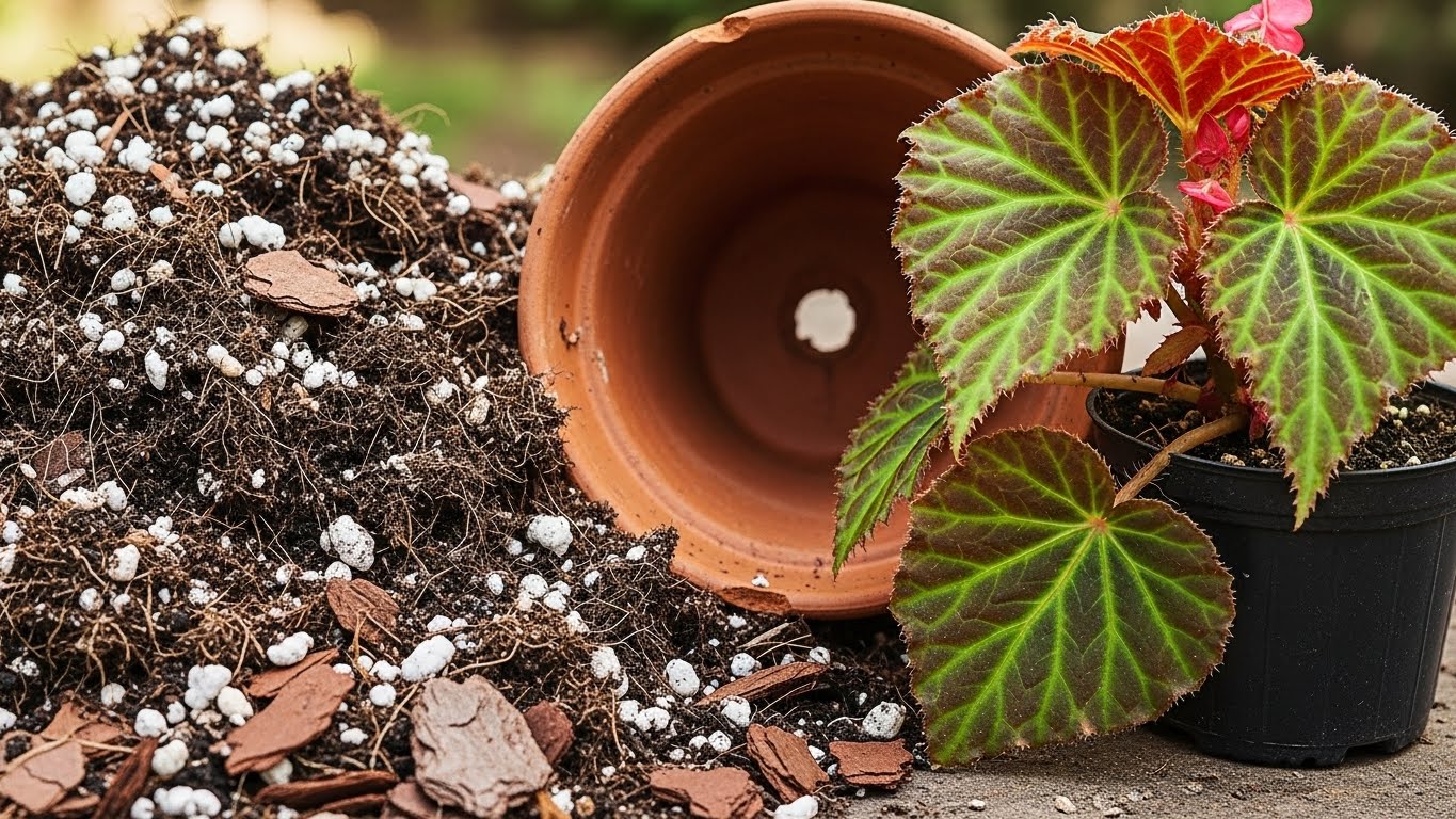 Healthy begonias in potting soil mix, ideal for potted begonias