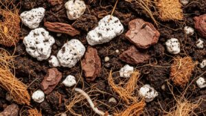 Close-up of snake plant soil mix with perlite and bark