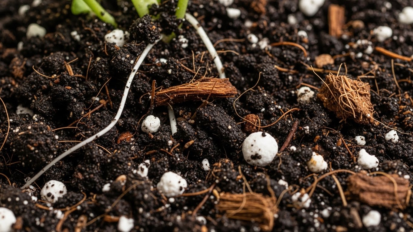 Close-up of nutrient-rich soil mix perfect for healthy Fittonia plant growth