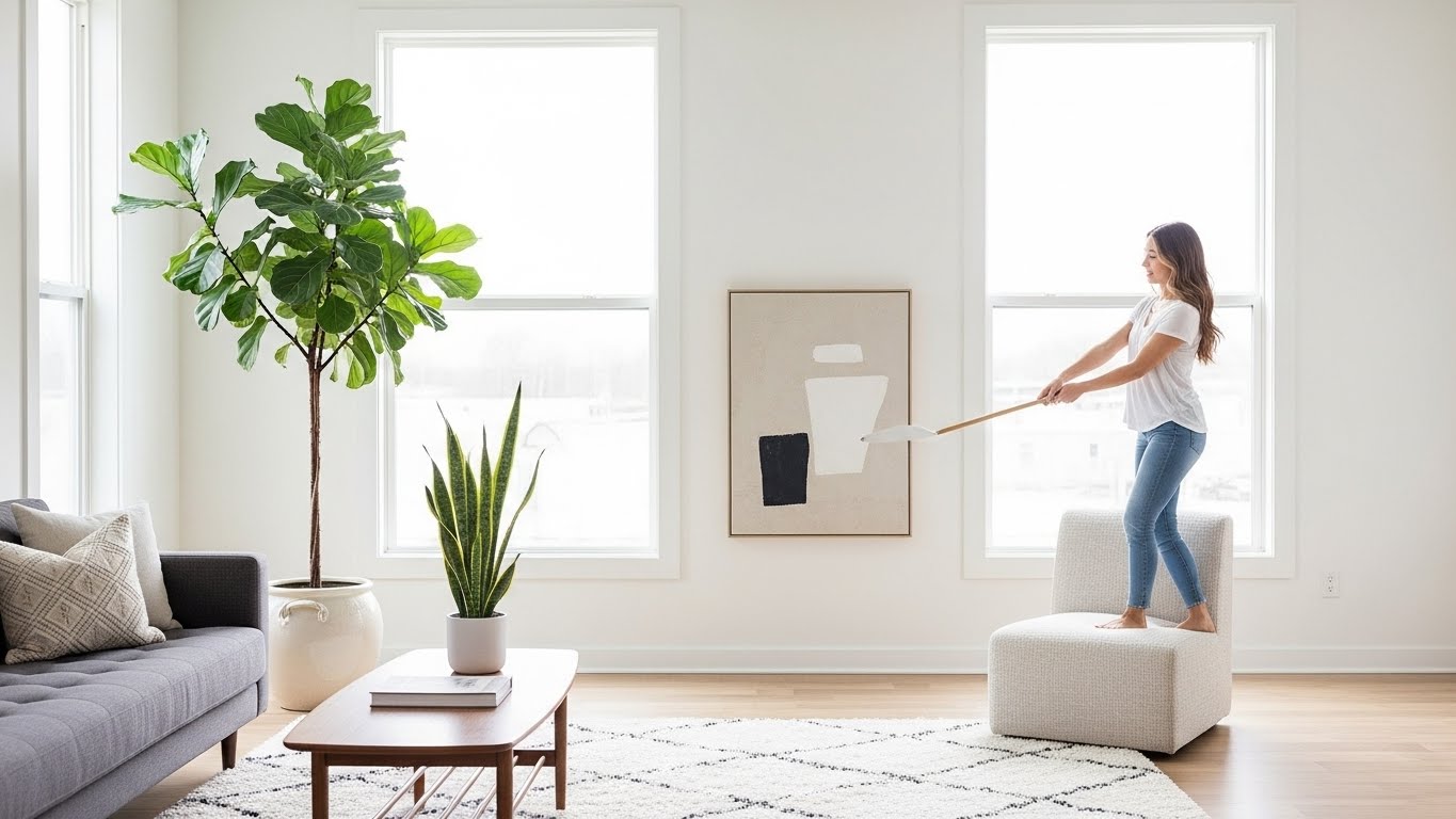 Bright living room with indoor plants near large windows
