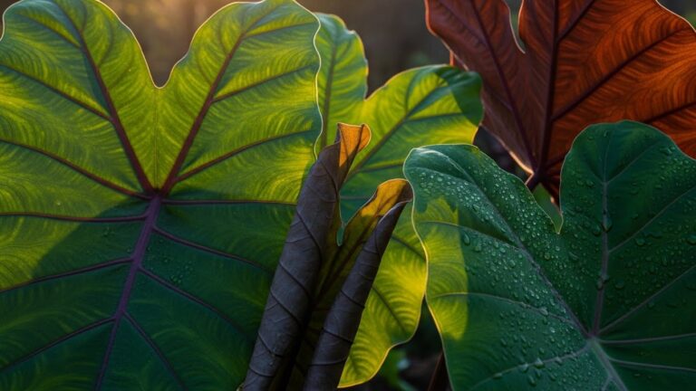 Vibrant green and purple leaves with sunlight and water droplets