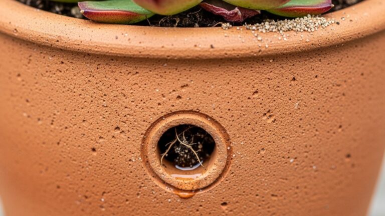 Close-up of a terracotta succulent pot with drainage hole and roots
