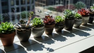 Colorful succulents in pots on a bright windowsill, ideal for urban gardening.