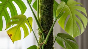 Monstera plant climbing on a moss-covered support pole for optimal growth