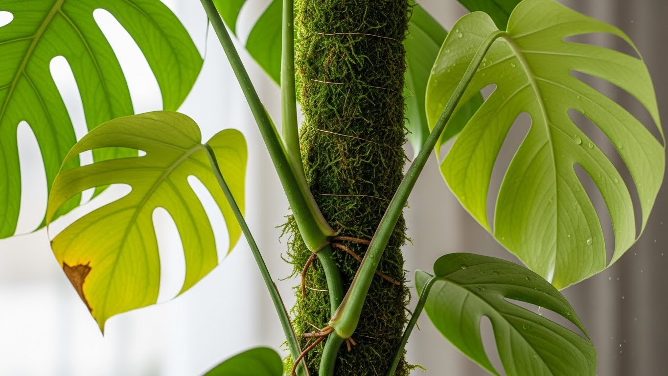 Monstera plant climbing on a moss-covered support pole for optimal growth