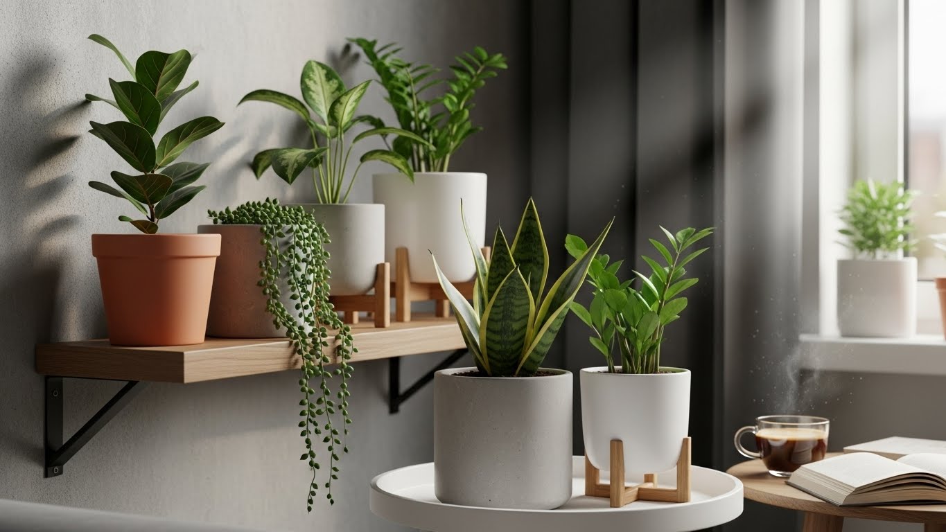 Small-space styling with assorted indoor plants on shelves and table