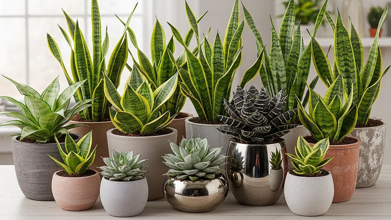 Various snake plant varieties in decorative pots for indoor decor