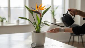 Watering Bird of Paradise plant with orange flowers indoors in bright room
