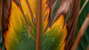 Close-up of bird of paradise leaf showing browning and water droplets