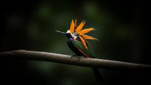 Bird of Paradise perched on a branch in low light