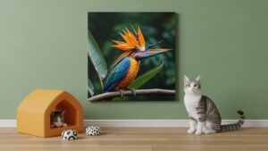 Bird of Paradise plant picture with cats in room, emphasizing pet safety.
