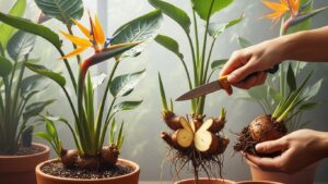 Hands dividing Bird of Paradise rhizomes for propagation in pots