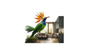 Colorful bird of paradise in a compact modern apartment interior