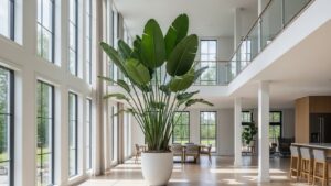Large Bird of Paradise plant thriving in a bright, modern living space