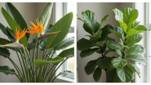 Bird of Paradise and Fiddle Leaf Fig plants by a sunny window