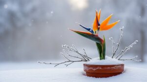 Bird of Paradise in snowy pot illustrating winter care for U.S. zones