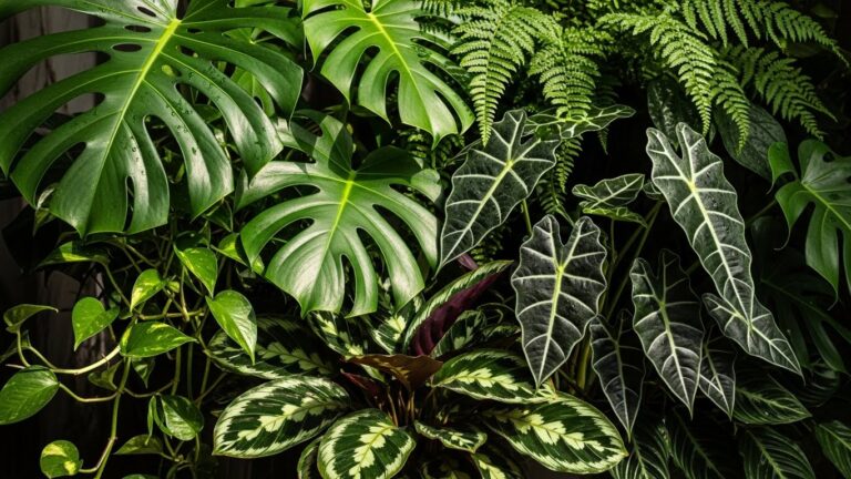 Vibrant bold-leaved plants including monstera, calathea, and ferns in a lush arrangement.