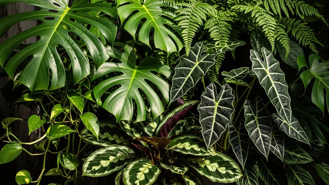 Vibrant bold-leaved plants including monstera, calathea, and ferns in a lush arrangement.