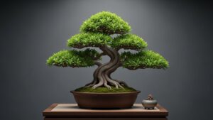 Elegant bonsai tree on display with lush green foliage indoors