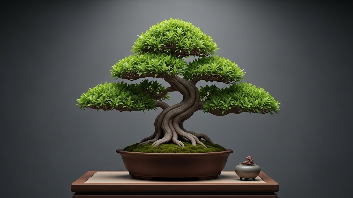 Elegant bonsai tree on display with lush green foliage indoors
