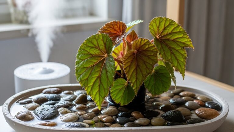 Indoor begonia plant surrounded by pebbles with a humidifier for humidity boost.