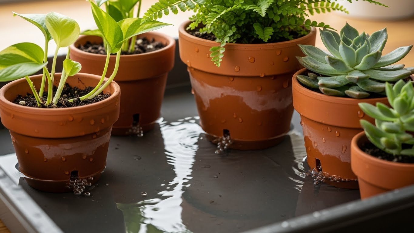 Potted plants being bottom-watered in a tray.