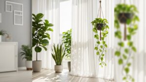 Bright-indirect indoor plants by a sunlit window with sheer curtains