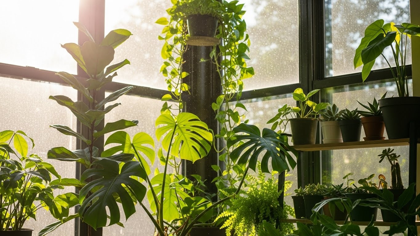 Indoor plants thriving in bright-indirect sunlight by a large window