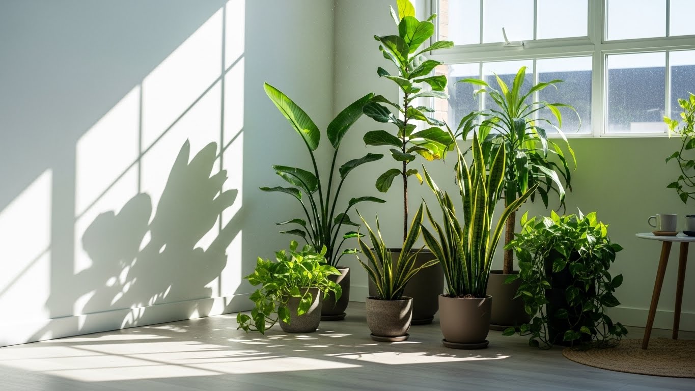 Bright-indirect light plants in stylish pots by a sunlit window