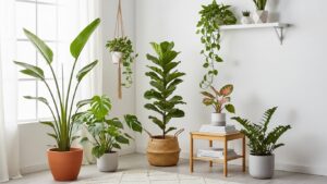 Bright-indirect light houseplants in modern room setting