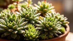 Close-up of compact succulents in a terracotta pot under bright light