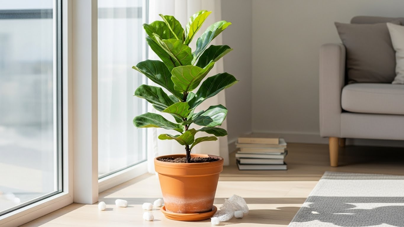 New plant in terracotta pot by bright window for optimal growth