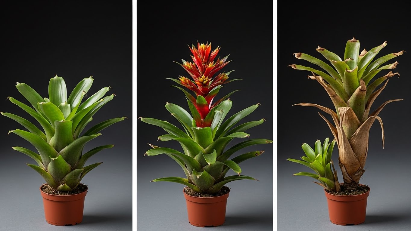 Bromeliad plant stages: healthy foliage, vibrant flowering, post-flower stage