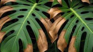 Monstera leaves with brown edges indicating potential care issues