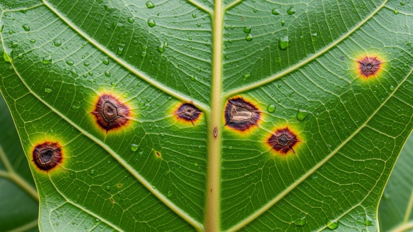 Close-up of brown spots on a fiddle leaf fig leaf with water droplets
