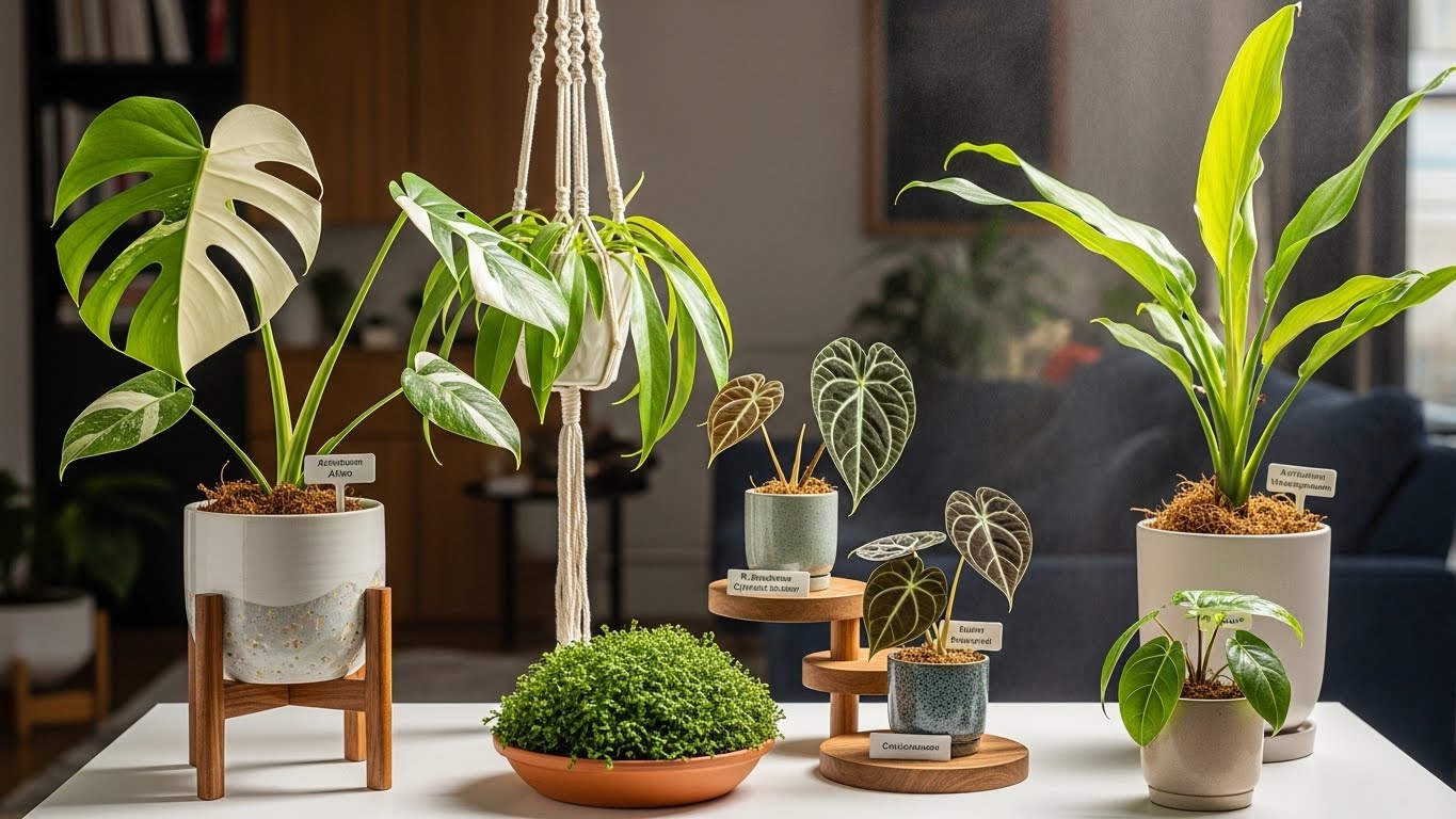 Various indoor plants in pots on a table, perfect for budget-friendly home decor