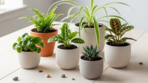 Variety of pet-friendly plants in modern pots for budget-friendly gardening.
