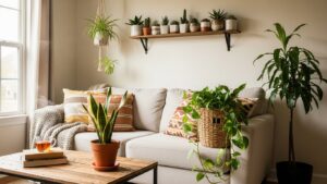 Cozy living room with budget-friendly plant decor, hanging and potted plants